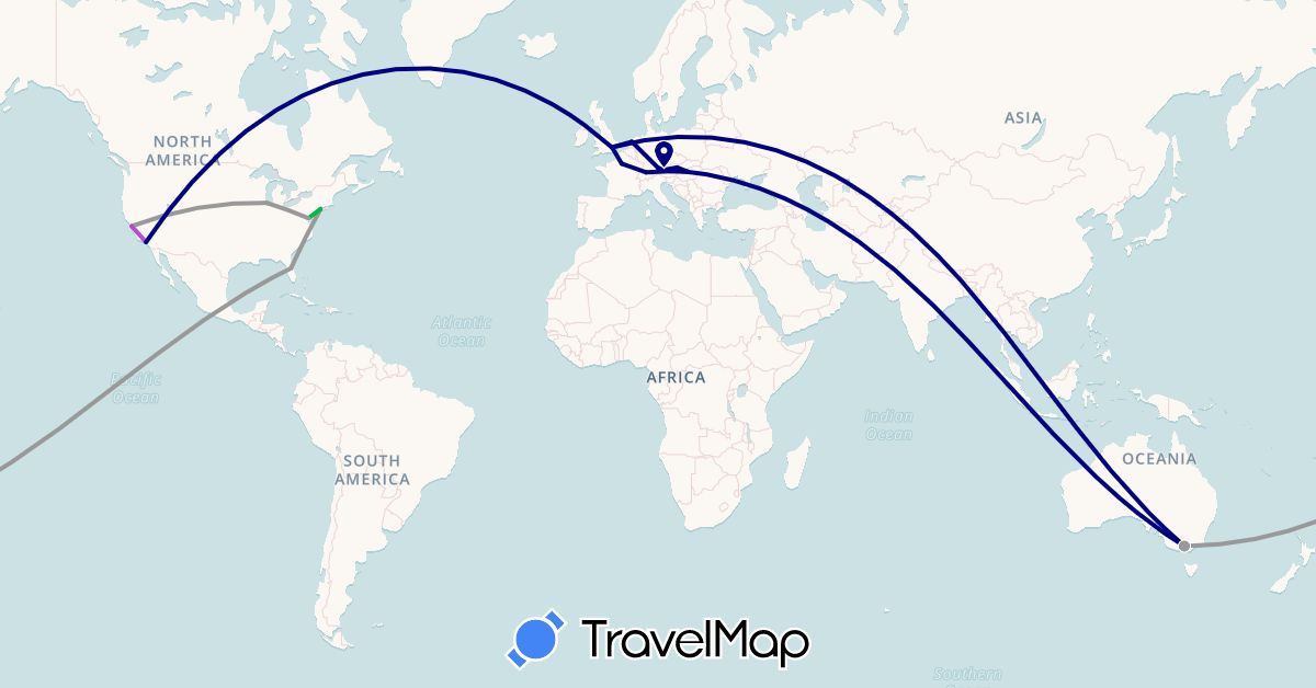 TravelMap itinerary: driving, bus, plane, train in Austria, Australia, Switzerland, Germany, France, United Kingdom, Hungary, Netherlands, United States (Europe, North America, Oceania)